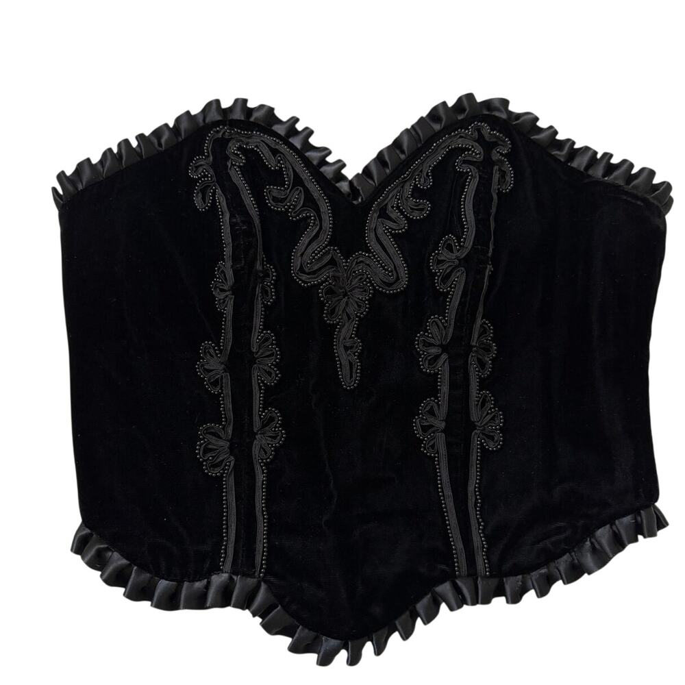 Caché Black Velvet Bustier Corset Top Large Beaded Satin Ruffle Strapless Y2K